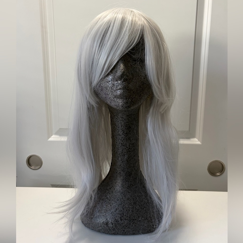 Long Layered Silvery Grey Wig with Swept Bangs